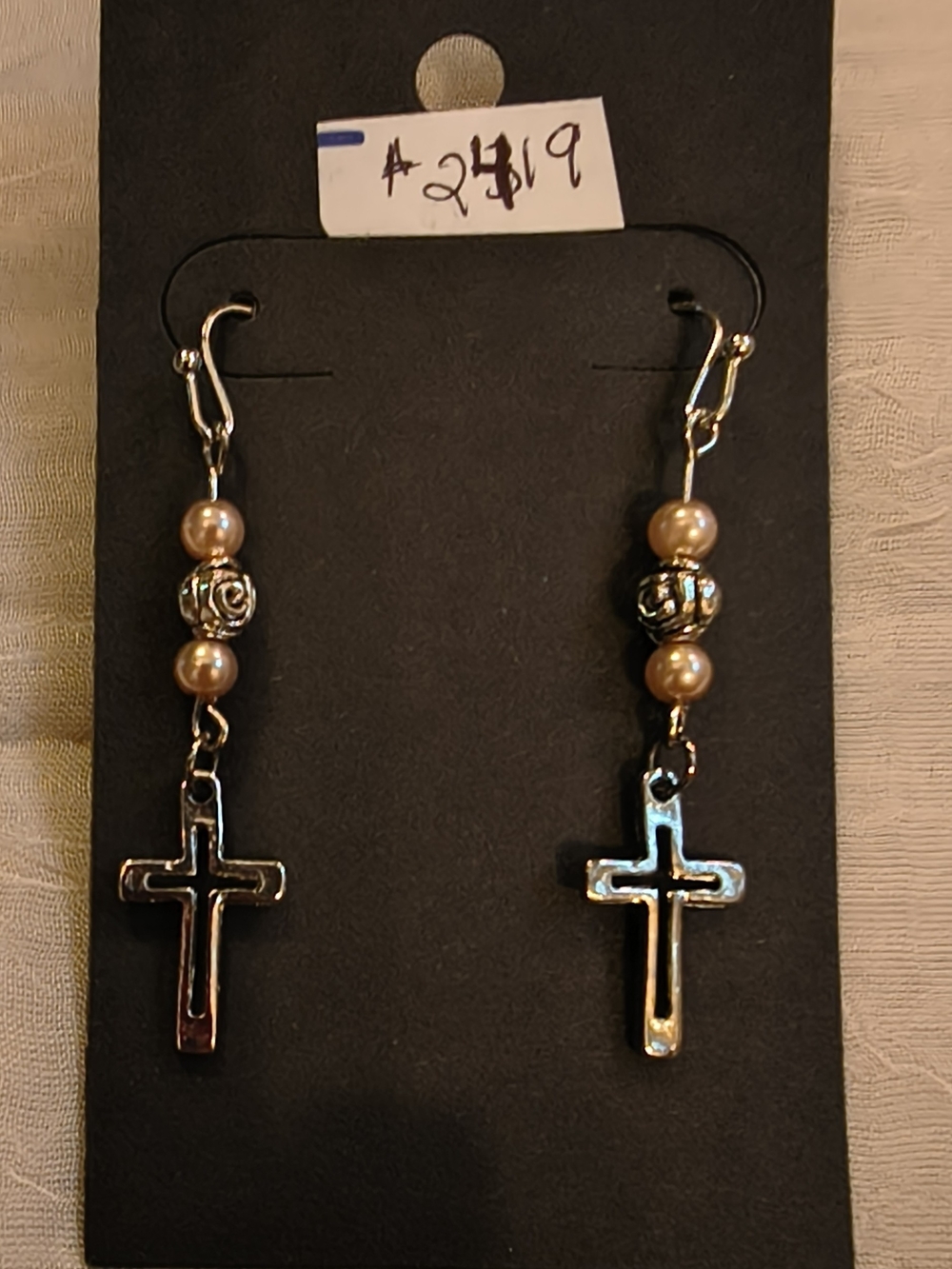 Gold Cross Drop Earrings with Pearl Accents